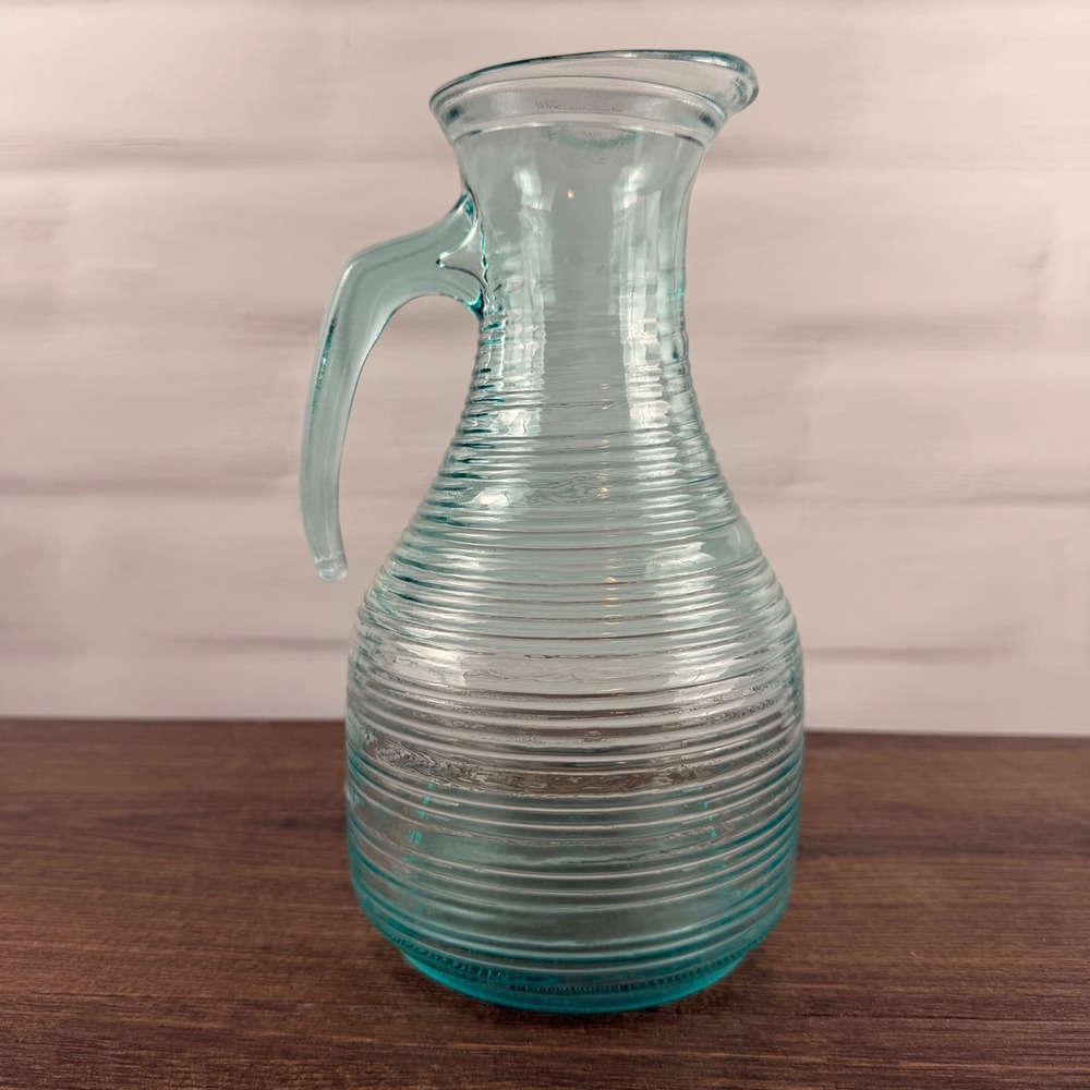 Vetreria Etrusca Italian Aqua Glass Ribbed Pitcher Carafe Vintage Italy